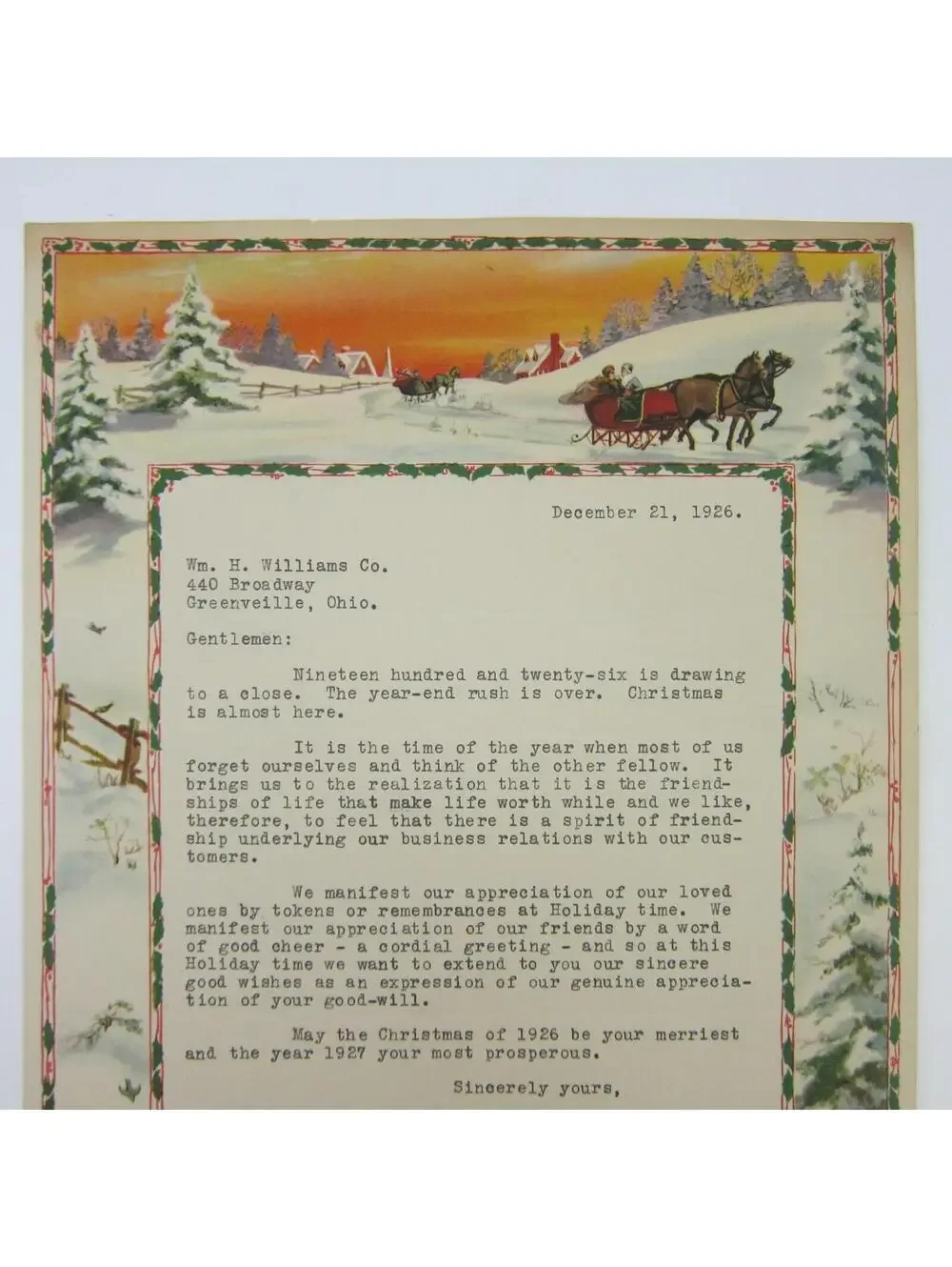 Vintage 1926 Christmas Stationery Sample Horse Sleigh Snow Goes Lithography Co